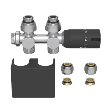 1564285 Radect universeleradiatoraansluitset metthermostatiseerbare H-stukrecht of haaks + thermostaatkopmet afdekkap - zwart mat - inclusief koppelingen 15 mm / 16x2 mm
