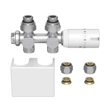 1565015 Radect universeleradiatoraansluitset metthermostatiseerbare H-stukrecht of haaks + thermostaatkopmet afdekkap - wit mat - inclusief koppelingen 15 mm / 16x2 mm