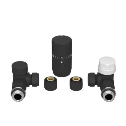 1768018 Radect radiatoraansluitset 4 met haakse regelbare koppelingen en puntstuk met O-ring - zwart mat