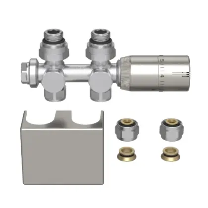2067156 Radect universeleradiatoraansluitset metthermostatiseerbare H-stukrecht of haaks + thermostaatkopmet afdekkap - geborsteld mat - inclusief koppelingen 15 mm / 16x2 mm