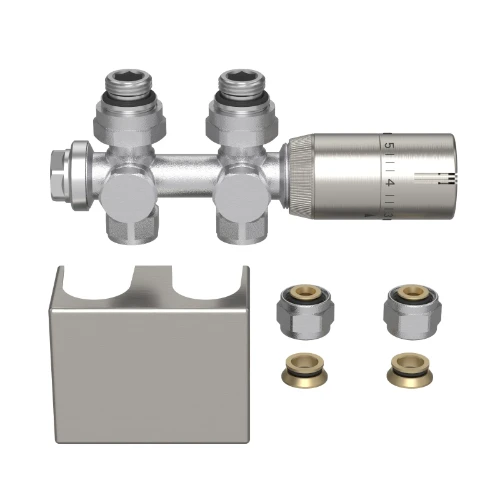 2067156 Radect universeleradiatoraansluitset metthermostatiseerbare H-stukrecht of haaks + thermostaatkopmet afdekkap - geborsteld mat - inclusief koppelingen 15 mm / 16x2 mm