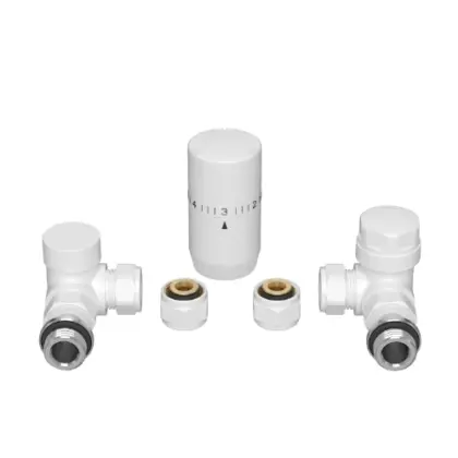 2067158 Radect radiatoraansluitset 4 met haakse regelbare koppelingen en puntstuk met O-ring - verkeerswit RAL 9016