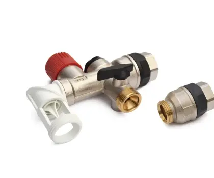 285300231 boilerveiligheidsgroep draaibare afvoer MF EK3/4 x 3/4 - met 2 electrolysekoppeling - inox zitting - rood