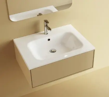 629513071033 Klaire wastafelblad kunstmarmer met 1 waskom midden 700 x 460 mm - wit mat - voorgeboord kraangat - niet doorgeboord