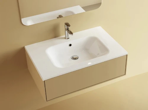 Klaire wastafelblad kunstmarmer met 1 waskom midden 800 x 460 mm - wit shiny - voorgeboord kraangat - niet doorgeboord 629513081003
