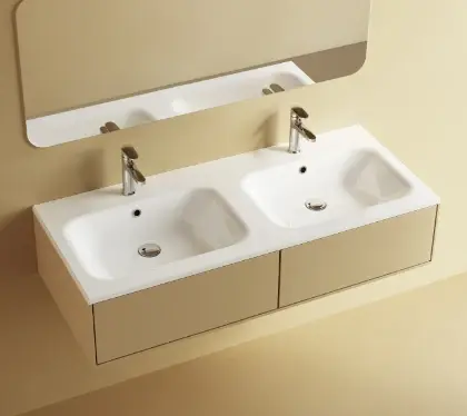 629513124003 Klaire wastafelblad kunstmarmer met 2 waskommen 1200 x 460 mm - wit shiny - voorgeboord kraangat - niet doorgeboord
