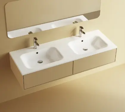 629513144033 Klaire wastafelblad kunstmarmer met 2 waskommen 1400 x 460 mm - wit mat - voorgeboord kraangat - niet doorgeboord