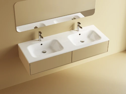 Klaire wastafelblad kunstmarmer met 2 waskommen 1400 x 460 mm - wit mat - voorgeboord kraangat - niet doorgeboord 629513144033