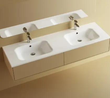 629513164003 Klaire wastafelblad kunstmarmer met 2 waskommen 1600 x 460 mm - wit shiny - voorgeboord kraangat - niet doorgeboord