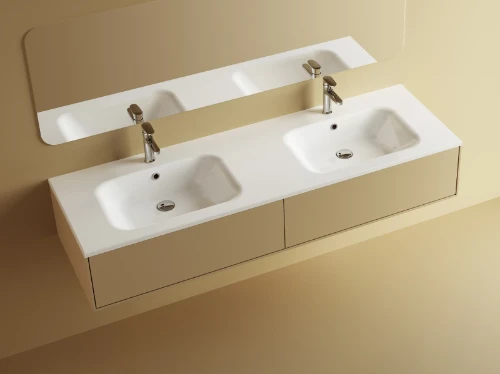 629513164033 Klaire wastafelblad kunstmarmer met 2 waskommen 1600 x 460 mm - wit mat - voorgeboord kraangat - niet doorgeboord