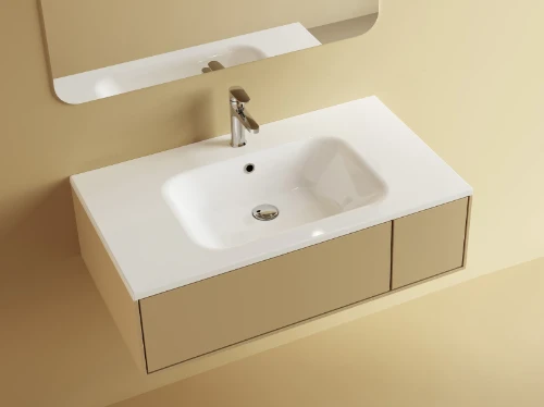 629514091003 Klaire wastafelblad kunstmarmer met 1 waskom midden 900 x 460 mm - wit shiny - voorgeboord kraangat - niet doorgeboord