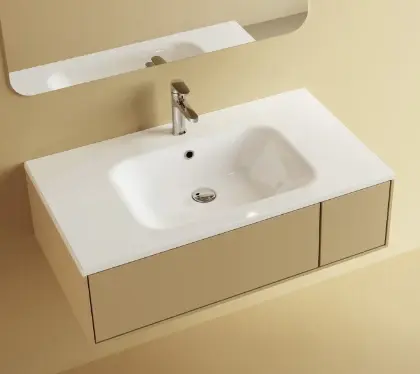 629514091033 Klaire wastafelblad kunstmarmer met 1 waskom midden 900 x 460 mm - wit mat - voorgeboord kraangat - niet doorgeboord