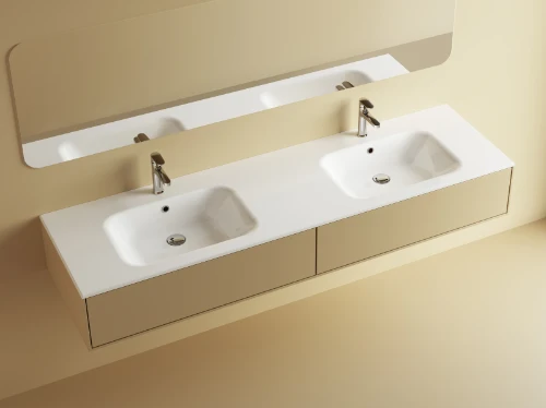 Klaire wastafelblad kunstmarmer met 2 waskommen 1800 x 460 mm - wit mat - voorgeboord kraangat - niet doorgeboord 629515184033