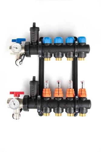 UFH gemonteerde kunststof collectorset voor vloerverwarming 4/4 - 2x EK3/4 - inclusief bolkraan + automatische ontluchters + flowmeters 9264000902