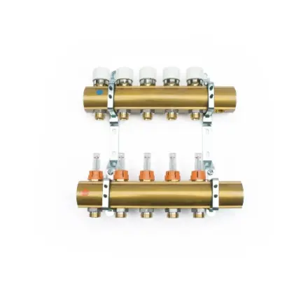 Begetube 210125902 Begetube UFH messing collectorset vloerverwarming met ingebouwde debietmeters en regelkranen 5/4 - 2 x M24 - ophangbeugels 200 mm - met vul- en aflaatkranen