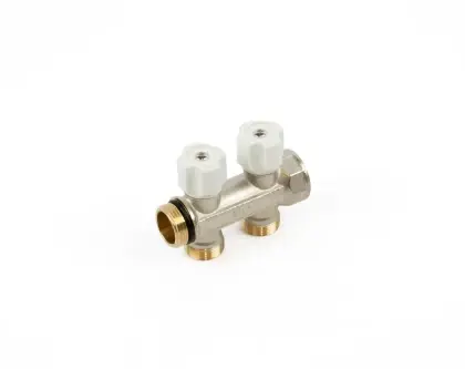 Begetube 225071002 Begetube WP vernikkelde collector met ingebouwde regelkranen met witte knoppen 3/4 - 2 x M24