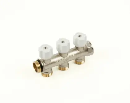 Begetube 225071003 Begetube WP vernikkelde collector met ingebouwde regelkranen met witte knoppen 3/4 - 3 x M24