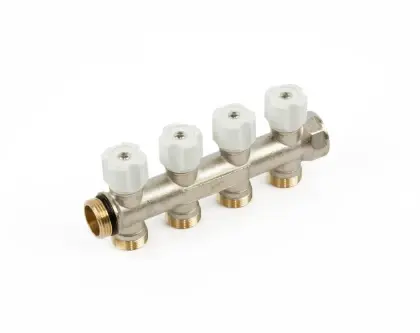 Begetube 225071004 Begetube WP vernikkelde collector met ingebouwde regelkranen met witte knoppen 3/4 - 4 x M24