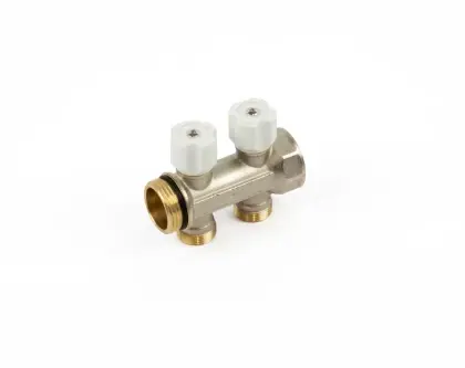 Begetube 225101002 Begetube WP vernikkelde collector met ingebouwde regelkranen met witte knoppen 4/4 - 2 x M24