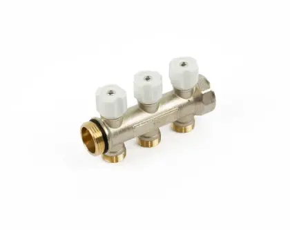 Begetube 225101003 Begetube WP vernikkelde collector met ingebouwde regelkranen met witte knoppen 4/4 - 3 x M24