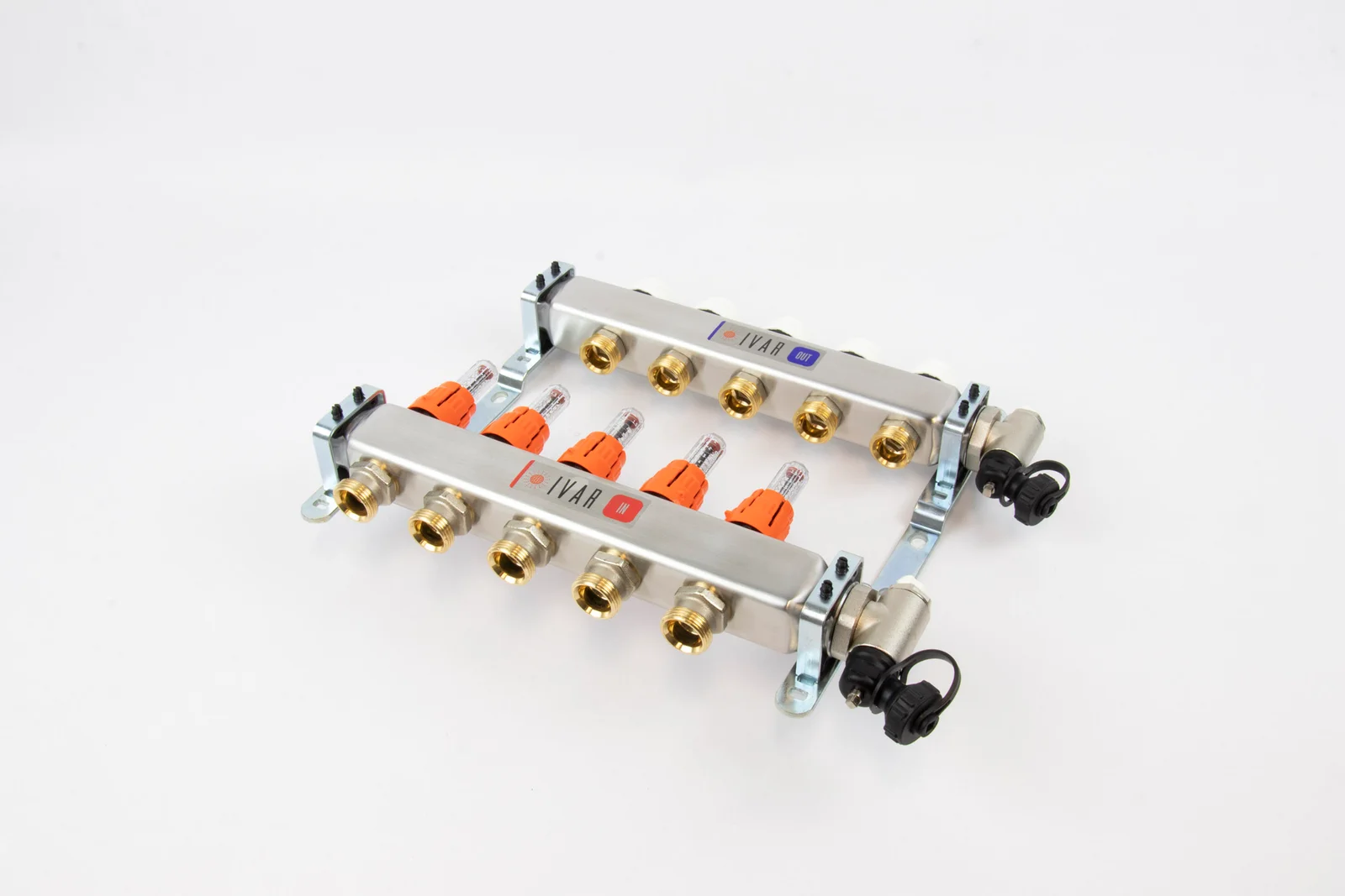 Begetube Collector voor vloerverwarming inox Begetube 1" + 5 x 3/4" met ontluchting, met doorstroommeter 261102205