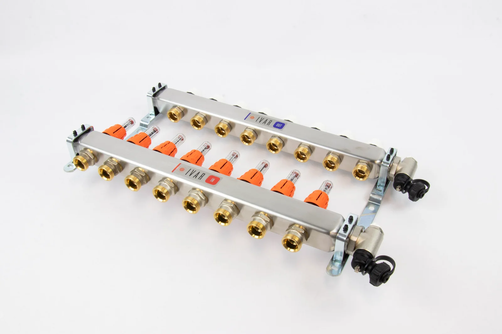 Begetube Collector voor vloerverwarming inox Begetube 1" + 8 x 3/4" met ontluchting, met doorstroommeter 261102208