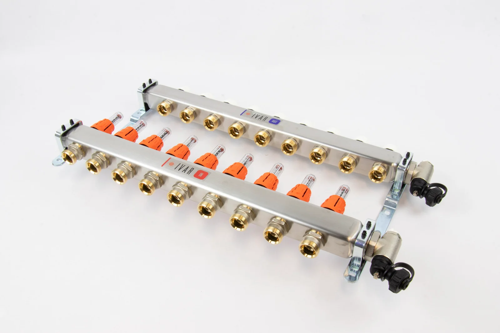 Begetube Collector voor vloerverwarming inox Begetube 1" + 9 x 3/4" met ontluchting, met doorstroommeter 261102209