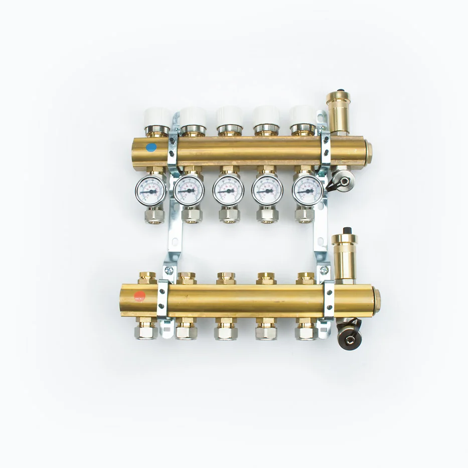 Begetube Collector voor vloerverwarming messing Begetube 1" + 5 x M24 met ontluchting, met thermische stelaandrijving, met regeling 210100905