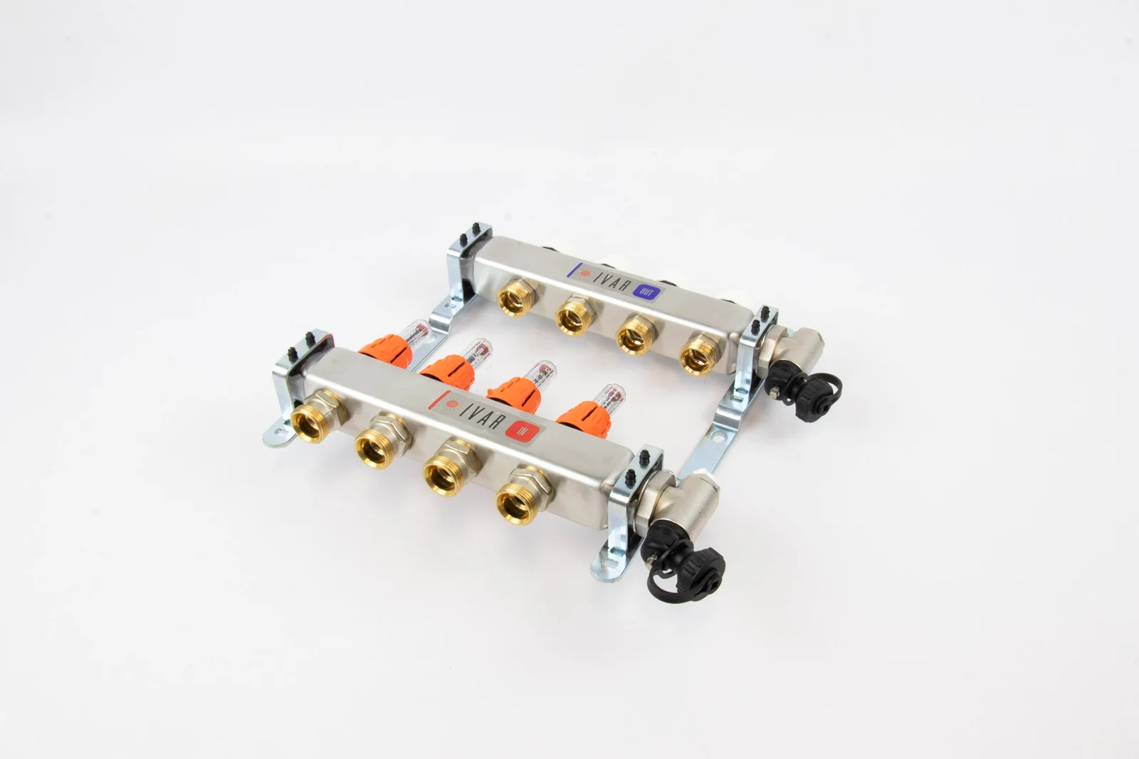 Begetube Collector voor vloerverwarming inox Begetube 1" + 4 x 3/4" met ontluchting, met doorstroommeter 261102204