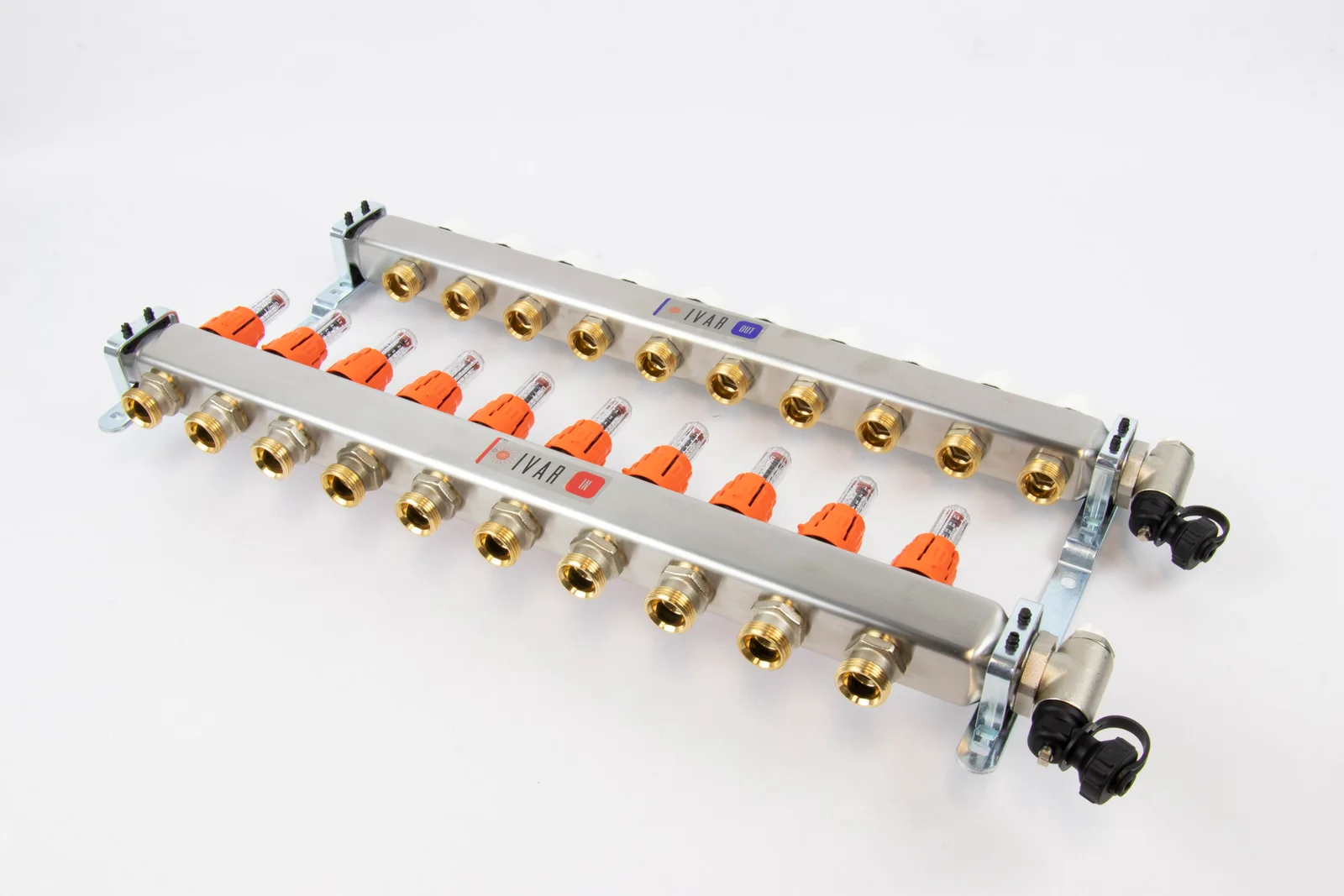 Begetube Collector voor vloerverwarming inox Begetube 1" + 10 x 3/4" met ontluchting, met doorstroommeter 261102210