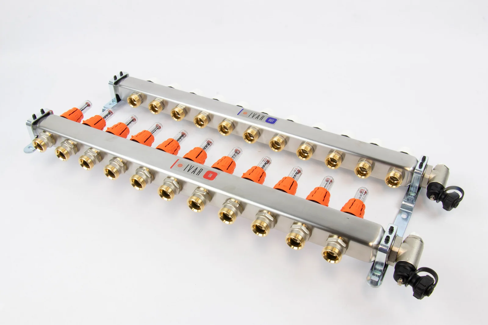 Begetube Collector voor vloerverwarming inox Begetube 1" + 12 x 3/4" met ontluchting, met doorstroommeter 261102212