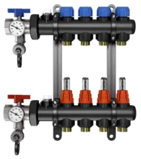 Begetube Collector voor vloerverwarming kunststof Begetube 1" + 10 x 3/4" met ontluchting, met regeling, met doorstroommeter 264000210