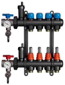 Begetube Collector voor vloerverwarming kunststof Begetube 1" + 10 x 3/4" met ontluchting, met regeling, met doorstroommeter 264000910