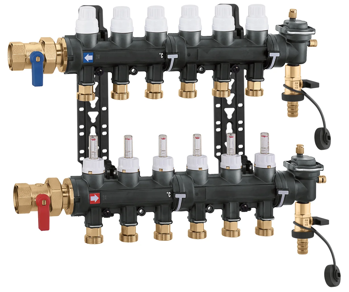 Caleffi Collector voor vloerverwarming kunststof Caleffi 1" + 6 x 3/4" met ontluchting, met regeling, met doorstroommeter 6716F1