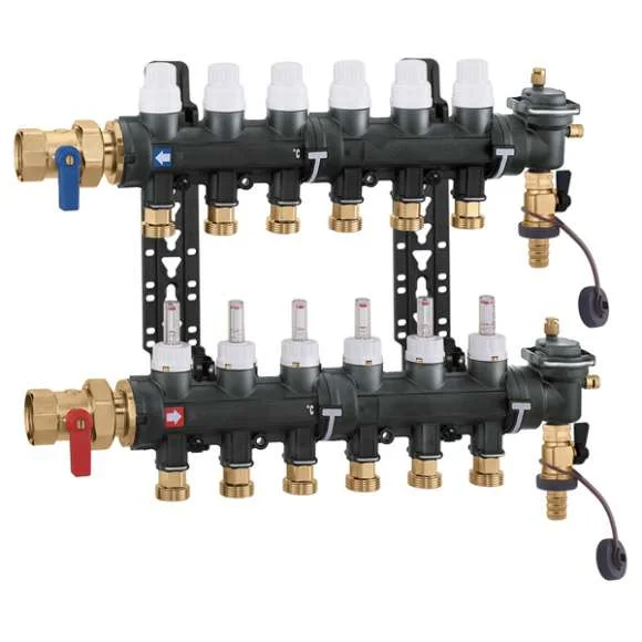 Caleffi Collector voor vloerverwarming kunststof Caleffi 1" + 8 x 3/4" met ontluchting, met regeling, met doorstroommeter 6716H1
