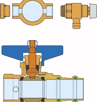 Cimberio Vlinderkraan met volle doorlaat DN 22mm x 3/4" F pers PN16 met aftapmogelijkheid (aansluiting) Cimberio 223 2233/4X22