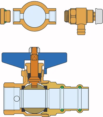 Cimberio Vlinderkraan met volle doorlaat DN 22mm x 3/4" F pers PN16 met aftapmogelijkheid (aansluiting) Cimberio 223 2233/4X22