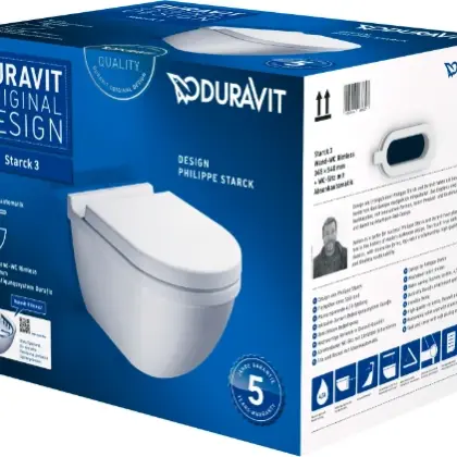 Duravit 45270900A1 Duravit Starck 3 hangtoilet PACK Rimless (hangtoilet + zitting met softclose) zonder spoelrand - wit