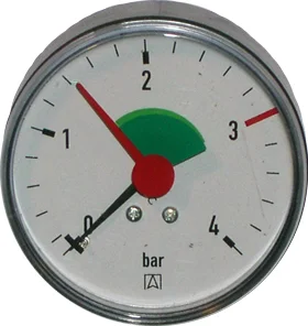 Euro Index Manometer met groene zone 0-4 bar 63 mm ACHTER aansluiting 1/4 AXIAAL 39003