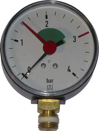 Euro Index Manometer met groene zone 0-4 bar 63 mm ONDER aansluiting 1/4 RADIAAL 39002