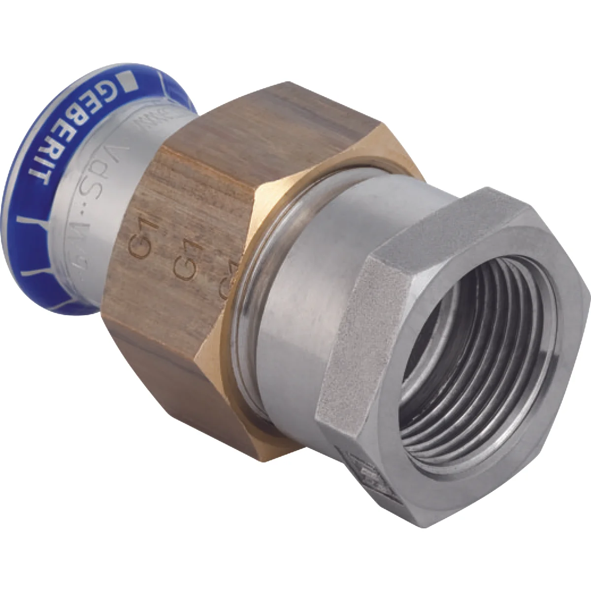 Geberit Pers-3-delige koppeling inox met messing moer 15 x 1/2" F solar Geberit Mapress FKM RVS 50611