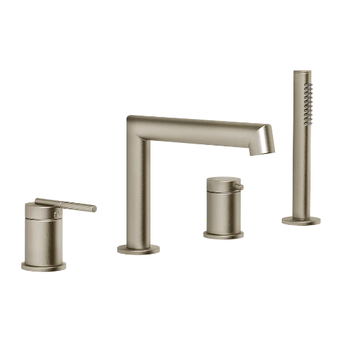 GESSI Ingranaggio Groep Badrand 4 gaten met wateruitloop, omstelknop, buigzame slang 1,50 m en antikalk-handdouche Finox Brushed Nickel PF63537#149