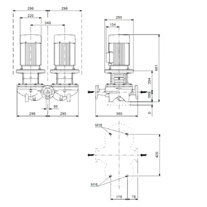 Grundfos Inlinepomp Grundfos TPD DN80 flens Qmax=73.17m3/h 360mm 21m 80-210/2 96108789
