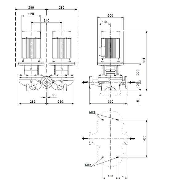 Grundfos Inlinepomp Grundfos TPD DN80 flens Qmax=73.17m3/h 360mm 21m 80-210/2 96108789
