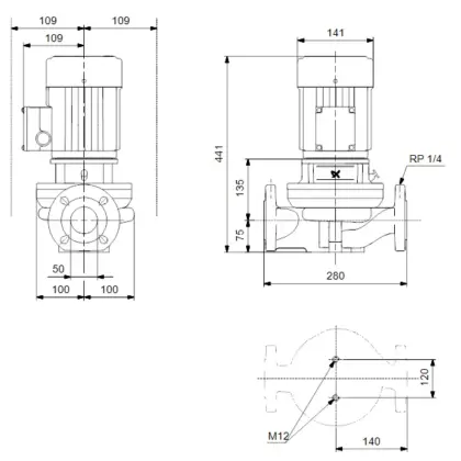 Grundfos Inlinepomp Grundfos TP DN50 flens Qmax=26m3/h 280mm 12m 50-120/2 98279255