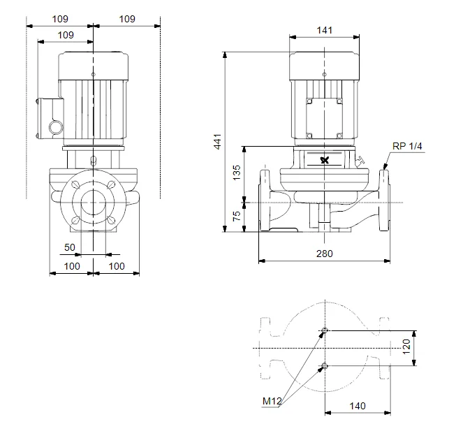Grundfos Inlinepomp Grundfos TP DN50 flens Qmax=26m3/h 280mm 12m 50-120/2 98279255
