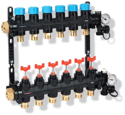 Henco UFH MDK composiet voorgemonteerde verdelerunit met debietmeter (0-3 l) 4/4 - 5 x EK3/4 - zwart UFH-0605MDK05-03L