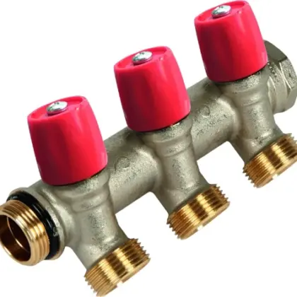 Henco VBS messing collector met afsluitkranen 4/4 - 2 x EK3/4 - rood VBS060502-RO