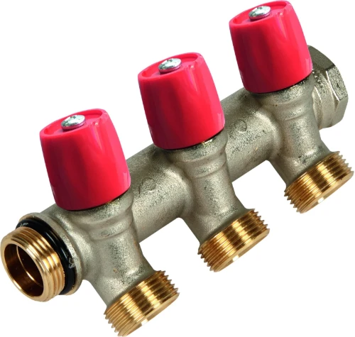Henco VBS messing collector met afsluitkranen 4/4 - 2 x EK3/4 - rood VBS060502-RO