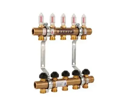 Henco Collector voor vloerverwarming messing Henco 1" + 9 x 3/4" met doorstroommeter UFH-060509-MD